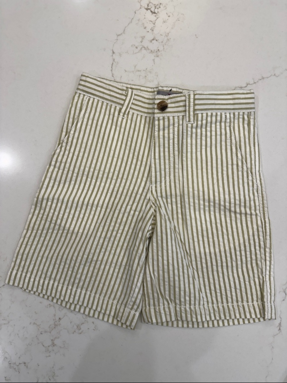Boy’s One Kid Striped Cotton Shorts in Beige/White and Sage Green (3T)